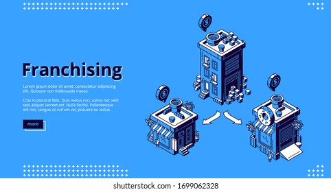 Franchising isometric landing page. Franchise business branch expansion. Small enterprise, company, shop, retail store or service with home office, corporate headquarter, 3d vector line art web banner