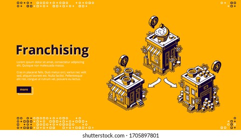 Franchising isometric landing page. Franchise business branch expansion. Small enterprise, company, shop, retail store or service with home office, corporate headquarter, 3d vector line art web banner