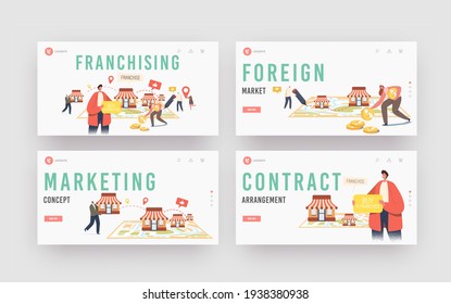 Franchising Landing Page Template Set. Characters Put Kiosks on Huge Map. People Start Franchise Small Enterprise, Company or Shop with Home Office, Corporate Headquarter. Cartoon Vector Illustration