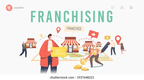 Franchising Landing Page Template. Tiny Characters Put Kiosks on Huge Map. People Start Franchise Small Enterprise, Company or Shop with Home Office, Corporate Headquarter. Cartoon Vector Illustration