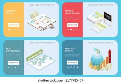 Franchising landing pages set providing information about business model training consulting world distribution isometric vector illustration