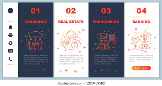 Franchising onboarding mobile app page screen vector template. Investment. Finances. Banking, real estate walkthrough website steps with linear illustrations. UX, UI, GUI smartphone interface concept