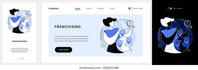 Franchising website UI kit. Business strategy, intellectual property, branded product, initial fee, trademark ambassador, buy franchise, market share landing and mobile app vector UI template.