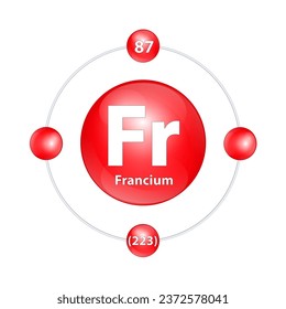 Francium (Fr) Estructura del icono elemento químico forma redonda círculo luz roja con anillo envolvente. Vector de ilustración 3D. Número de periodo muestra niveles de energía de electrones. Estudios científicos para la educación