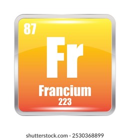 Ícone do frâncio. Para o elemento químico. Número atômico 87. Massa 223. Imagem quadrada laranja. Símbolo de vetor.