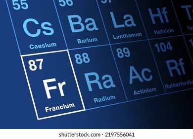 Francium, on periodic table of the elements. Radioactive alkali metal, with symbol Fr, named after France, with atomic number 87. Because of its instability and rarity only used for research purposes.