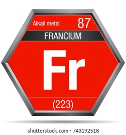 Francium symbol in the form of a hexagon with a metallic frame. Element number 87 of the Periodic Table of the Elements - Chemistry 