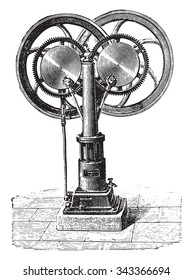 Francois engine, the first type, two inclined rods, vintage engraved illustration. Industrial encyclopedia E.-O. Lami - 1875.
