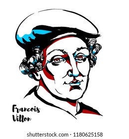 Francois Villon engraved vector portrait with ink contours. French poet of the late Middle Ages.