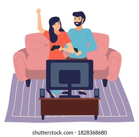 Frandly family playing video games. Man and woman gaming with gamepad controller, holding joystick in hands flat design. Family weekend, couple spend time together playing a computer game at home