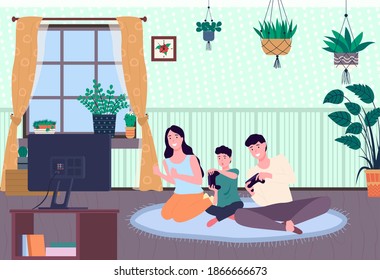 Frandly Family Playing Video Games. Mom Dad And Son Gaming With Gamepad Controller, Holding Joystick In Hands Flat Design. Family Weekend, Parents Spend Time With Children Playing A Computer Game