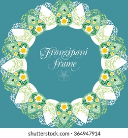 Frangipani flower and lace circle frame on a teal background