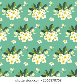 Frangipani Flower Seamless Pattern on Green.A seamless tropical pattern featuring white and yellow frangipani flowers with green leaves on a soft green.Perfect for fabric prints,textile,gift wrapping.