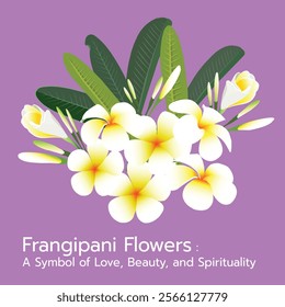 Frangipani Flowers Bouquet on Pastel Purple Bg.A beautiful bouquet of white and yellow frangipani flowers with green leaves.This tropical floral illustration symbolizes love, beauty, and spirituality.