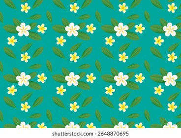 Flores Frangipani e padrão de folhas verdes sobre fundo azul.