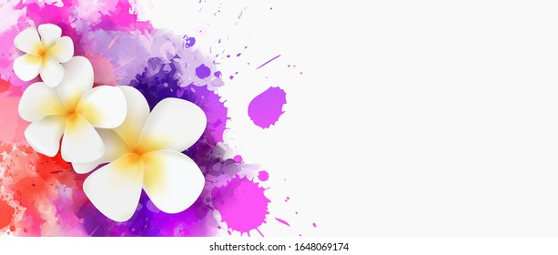 Frangipani flowers on purple colored watercolor splashes imitation banner - summer illustration. Template for horizontal banner.