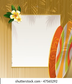 Frangipani flowers, surfboards and banner on a wooden wall