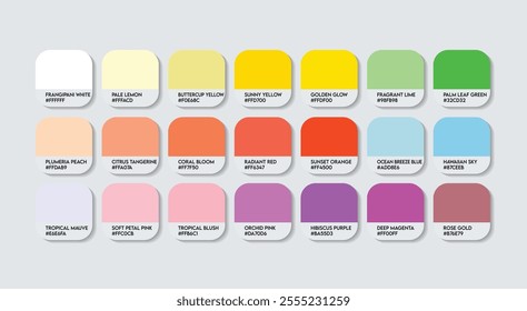 Frangipani (Hawaii) Flower Color Palette, Frangipani Flower Color Guide Palette with Color Names. Catalog Samples of Plumeria Flower colors with RGB HEX code. sweets, drinks, Fashion Trend light tone