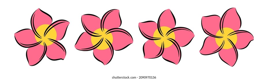 Frangipani or plumeria exotic summer flower. Engraved frangipani isolated in white background. Outline vector illustration