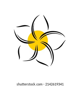 Frangipani or plumeria exotic summer flower. Engraved frangipani isolated in white background. Outline vector illustration