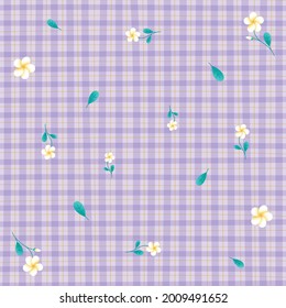 Frangipani Plumeria Flower Lilac Purple Gingham Pattern Background Editable Stroke. Vector Illustration Tablecloth, Picnic mat, Fabric pattern, Textile