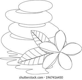 Pedras de Frangipani e spa isoladas sobre fundo branco. Linear, contorno, preto e branco e versão colorida. A ilustração pode ser usada para colorir livros e imagens para crianças