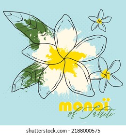 Frangipani, Tiare, Monoi Tropical Flower with Text - Monoi in Thaithian for Summer Logo, Sticker, Print, Card, Poster, Eco Bag and Garment.