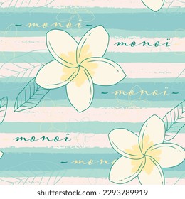 Frangipani, Tiare, Monoi Tropical Flower Seamless Background for Summer Sticker, Print, Card, Poster, Eco Bag and Garment.