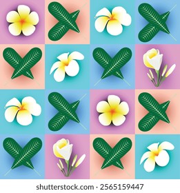 Frangipani and Tropical Leaves Tile Pattern.A seamless grid pattern featuring frangipani flowers, tropical leaves, and floral buds on vibrant pastel backgrounds, perfect for summer-themed designs.