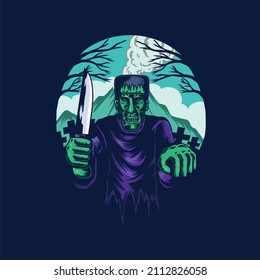 Frankeistein with knife hand drawn illustration
