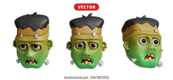 Franken Stein head 3D vector icon set.