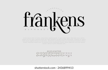 Frankens premium luxury elegant alphabet letters and numbers. Elegant wedding typography classic serif font decorative vintage retro. Creative vector illustration