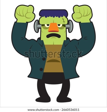 A Frankenstein with an angry face raises both arms and clenches his fists