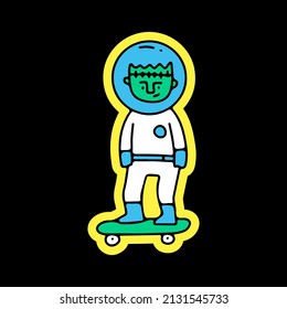 Frankenstein astronaut riding skateboard, illustration for t-shirt, sticker, or apparel merchandise. With doodle, retro, and cartoon style.