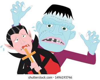 Frankenstein attacks a vampire on Halloween Day.