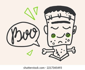 Frankenstein with boo speech bubble hand drawn vector character. Cute monster with bone and lettering.