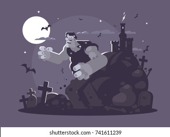 Frankenstein cartoon character. Ugly dead walk through cemetery. Vector illustration