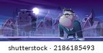 Frankenstein cartoon halloween character at night antique city street. Creepy zombie monster at midnight town with old stone half-timbered houses under moonlight glow, Vector illustration