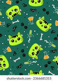 Frankenstein cat illustration. Happy Halloween. Cute childrens pattern designs for fabric or textile. Seamless Halloween patterns with frankenstein, spiderweb, paws, heart, bones and chemical tubes.