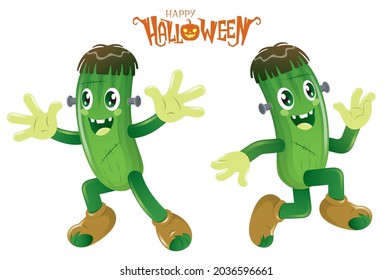 Frankenstein character design in a cucumber shape. Isolated on white for your Halloween design.

