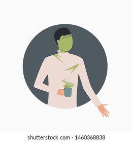 Frankenstein drinking coffee on gray round background. Halloween, cartoon characters, costume. Vector illustration for poster, leaflet, brochure