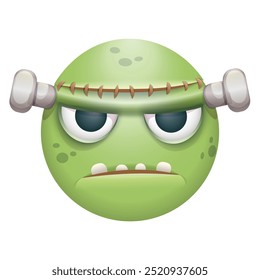 Frankenstein emoji on white background. Green zombie emoticon. Cute emoticon.