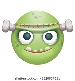 Frankenstein emoji on white background. Green zombie emoticon. Cute emoticon.