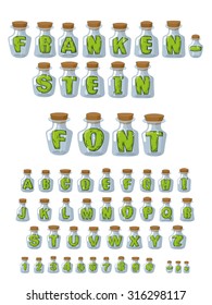 Frankenstein font. Green Letters in laboratory jars for study. Experiments over  alphabet. Vector of numbers 