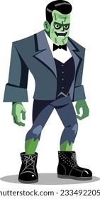 Frankenstein halloween character standing in costume Character skin green scarred Vector