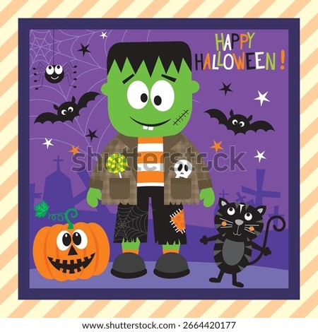 Frankenstein Halloween Illustration with Pumpkin and Black Cat