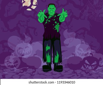 Frankenstein Halloween thematic abstract background, green zombie monster full moon, creepy tree branches with pumpkins and fog on a brick stone road