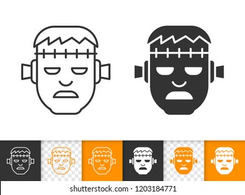 Frankenstein Head Black Linear And Silhouette Icons. Thin Line Sign Of Zombie Face. Halloween Monster Outline Pictogram Isolated On White, Transparent. Vector Icon Shape. Zombi Simple Symbol Closeup