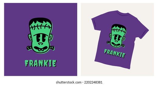 Frankenstein head cartoon Halloween character fun t-shirt design