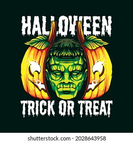 frankenstein head on pumpkin illustration vector illustration, suitable for t-shirt, print, and merchandise product